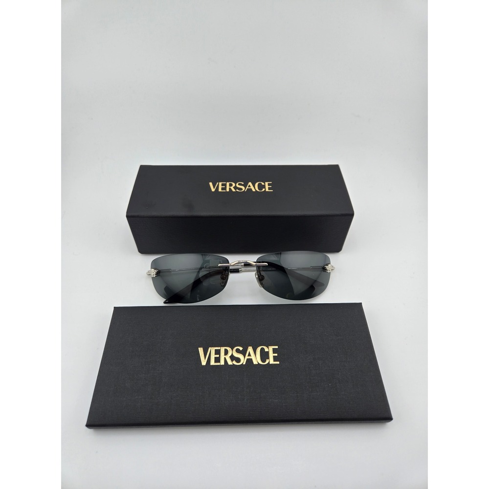 Versace Mod 2275 Rimless Sunglasses Silver Medusa Dark Grey Lens Italy Authentic - Picture 8 of 8